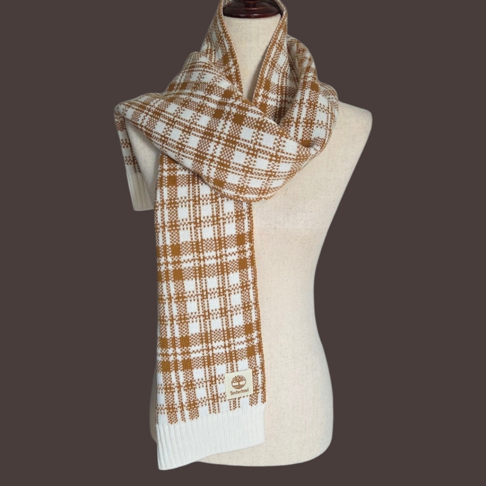 Timberland Plaid Knit Scarf NWT | Caramel Cream | Cozy Winter Neutral OS